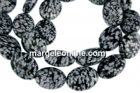 Margele obsidian fulg de nea,oval plat, 16x12mm