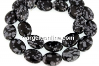Margele obsidian fulg de nea, oval plat, 16x12mm