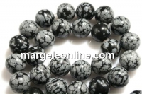 Margele obsidian fulg de nea, rotund,14mm