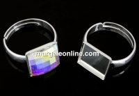 Ring base, 925 silver, square cabochon 10mm, adjustable, - x1