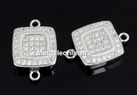 Link, square with crystals, 925 silver rhodium plated, 15mm  - x1